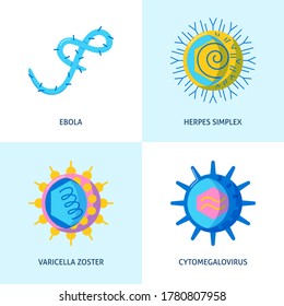 Human virus cell icons collection in flat style. Symbols of varicella zoster, herpes simplex, ebola and cytomegalovirus. Vector illustration.