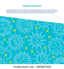 Human viruses banner in line style with place for text. Medical poster with infection cells symbols background. Vector illustration.