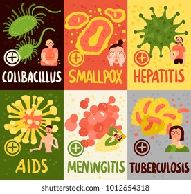 Human viruses cards set with meningitis and smallpox symbols flat isolated vector illustration 