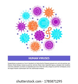 Human viruses concept banner in flat style with place for text. Microbiology poster with infection cells symbols in round frame. Vector illustration.