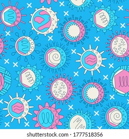 Human viruses seamless pattern in colored line style. Infection cells symbols. Microbiology scientific background. Vector illustration.