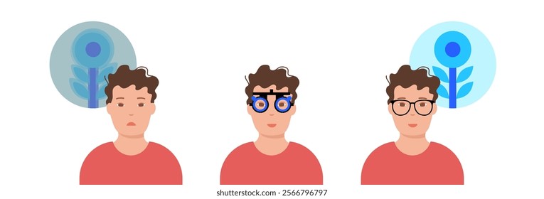 Human vision before and after treatment. Ophthalmic trial frame, spectacles for eyesight test concept. Diopter optical instrument. Ophthalmologist choosing glasses for patient flat vector illustration