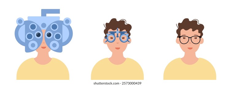 Human vision checkup concept. Ophthalmic trial frame, glasses and phoropter spectacles for eyesight test. Diopter optical instrument. Ophthalmologist choosing glasses for patient vector illustration