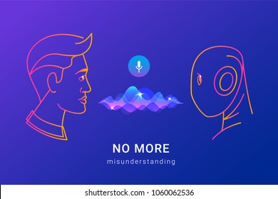 Human voice recognition and smart assistance concept gradient line vector illustration of people using voice assistant and ai without missunderstanding