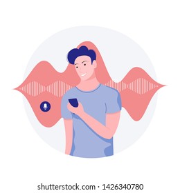 Human voice recognition and smart assistance concept. Young man using voice assistant. Trendy flat style. Vector illustration.