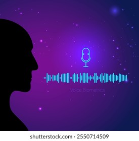 Human voice waveform and microphone icon. Voice biometrics technology. Secure authentication, analyzing vocal patterns. Interpret human language, speech recognition and secure verification vector