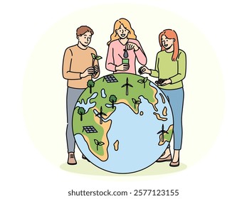 Human volunteers stand near globe and place trees and wind or solar generators on planet to combat CO2. Eco activists and volunteers take care of nature and save environment from harmful CO2 emissions