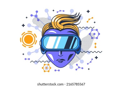 Human in vr glasses electronic accessory vector. Man wearing digital gadget for enjoying virtual reality media application. Character guy wear device for game simulation flat cartoon illustration