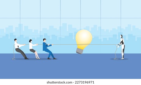 Human vs AI technology concept. People and cyborg pull a rope for a big light bulb in a meeting. Business idea competition, conflict, brainstorm, work hard, contest and fight over in office workplace.