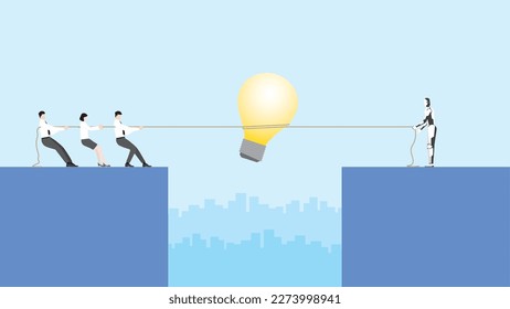 Concepto de tecnología humana vs IA. La gente y el ciborg tiran de una cuerda para una gran bombilla en una reunión. Competencia de ideas de negocios, conflicto, tormentas de ideas, trabajo duro, competencia y lucha en el trabajo de oficina.
