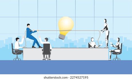 Human vs AI technology concept. People and cyborg pull a rope for a big light bulb in a meeting. Business idea competition, conflict, brainstorm, work hard, contest and fight over in office workplace.