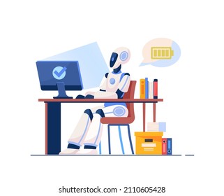 Human vs robot. Android sitting at computer, artificial intelligence. Futuristic scenes from office, character at work. Fantastic character, cyberpunk and ai. Cartoon flat vector illustration