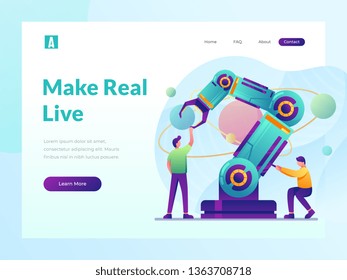 Human vs robot, artificial intelligent programmer website mobile site concept, modern web banner header, vector flat style illustration.