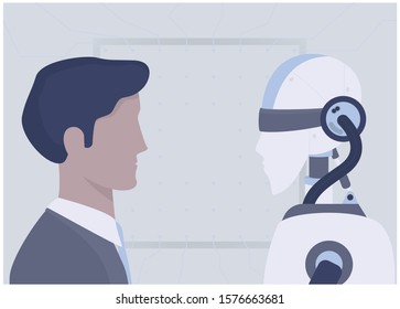 Human vs robot concept. Artificial intelligence and human mind comparison. Employee replacement ide. Human head and artificial robot. Vector illustration in cartoon style