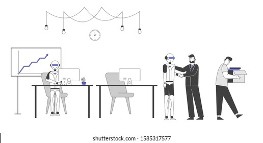 Human Vs Robot Concept. Boss Shaking Hand to Cyborg Taken in Office to Do Job instead of People Workers. Automation, Future and Artificial Intelligence. Cartoon Flat Vector Illustration, Line Art