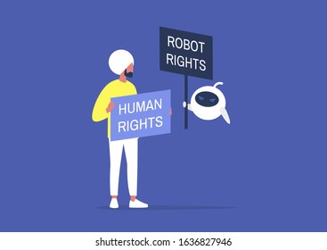 Human Vs Robot Rights, Cartoon Characters Holding Protest Signs, Artificial Intelligence, Machine Learning Ethics