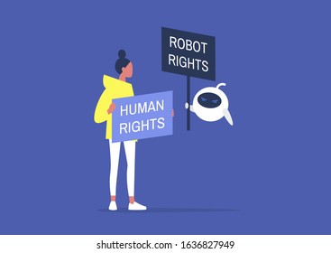 Human Vs Robot Rights, Cartoon Characters Holding Protest Signs, Artificial Intelligence, Machine Learning Ethics