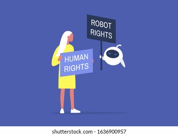 Human Vs Robot Rights, Cartoon Characters Holding Protest Signs, Artificial Intelligence, Machine Learning Ethics