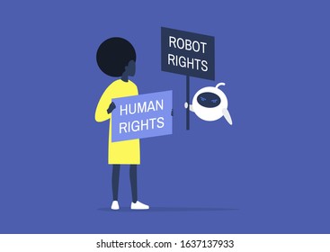 Human Vs Robot Rights, Cartoon Characters Holding Protest Signs, Artificial Intelligence, Machine Learning Ethics