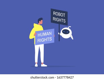 Human Vs Robot Rights, Cartoon Characters Holding Protest Signs, Artificial Intelligence, Machine Learning Ethics