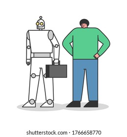 Human vs robot workers. Professional standing with robotic competitor. Career and artificial intelligence concept. Human and robots resources. Cartoon flat vector illustration