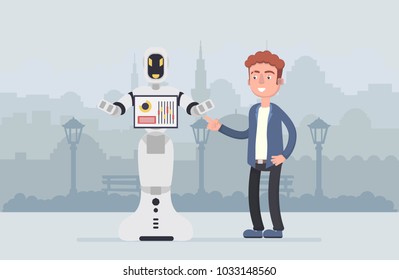 Humano vs robot, hombre de negocios parado con robot. Concepto de la futura ilustración de la automatización empresarial. Caricatura vectorial y abstracto. Ilustración vectorial al estilo de las caricaturas.