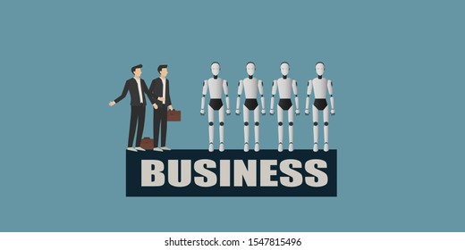 Human vs Robots concept. Businessman competing with artificial intelligence