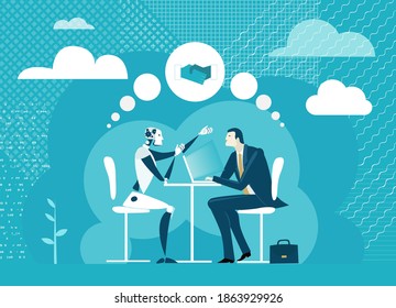 Concepto humano contra robots. Empresario compitiendo con inteligencia artificial, buscando ayuda, retransmitiendo sobre el ciborg. 