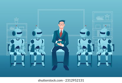 Human vs robots concept. Vector of a business man job applicant competing with artificial intelligence robots