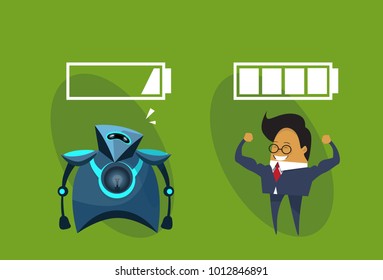 Human Vs Robots Modern Robotic And Business Man With Battery Signs Icon Flat Vector Illustration
