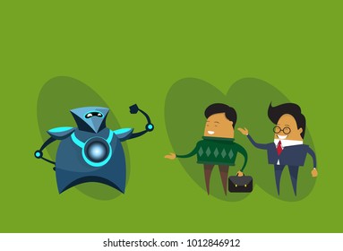 Robots Humano Vs Robots Modernos Robóticos Y Hombres De Negocios Sobre El Fondo Verde Ilustración Vector Plano