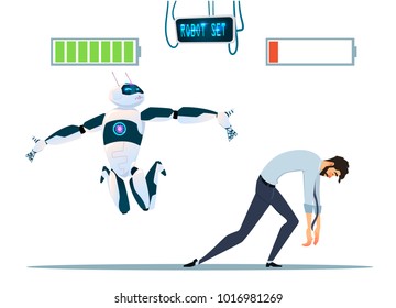 Human Vs Robots Modern Robotic And Business Man With Battery Signs Icon Flat Vector Illustration