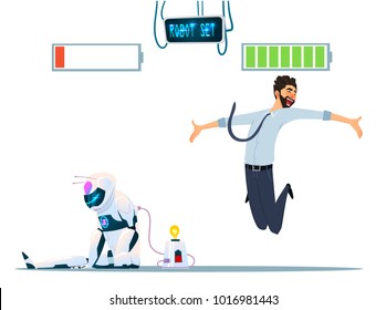 Human Vs Robots Modern Robotic And Business Man With Battery Signs Icon Flat Vector Illustration