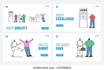 Human vs robots set of landing pages. Robotic automation and artificial intelligence in office concept. Skilled people and robotic workers competition. Cartoon flat vector illustration