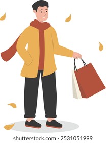 Human Walking in Autumn Character. Flat Vector Illustration Design