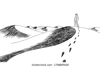 Human walking in the desert graphic black white landscape sketch illustration vector