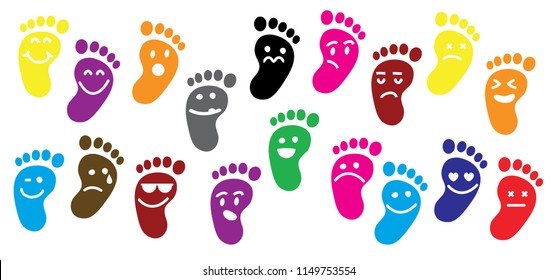 Human Walking Footprints Shoes And Shoe Sole With Smile. Kids Feet And Foot Steps Fun Vector Footsteps Icon Or Sign For Print
