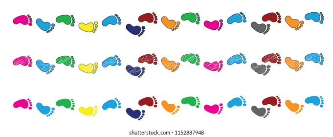 Human walking footprints shoes and shoe sole. Kids feet and foot steps Fun vector footsteps icon or sign for print