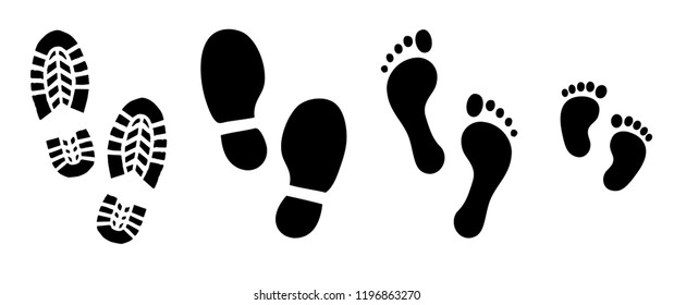 Human walking footprints shoes and shoe sole. Kids feet and foot steps Fun vector footsteps icon or sign for print. Different human footprints.