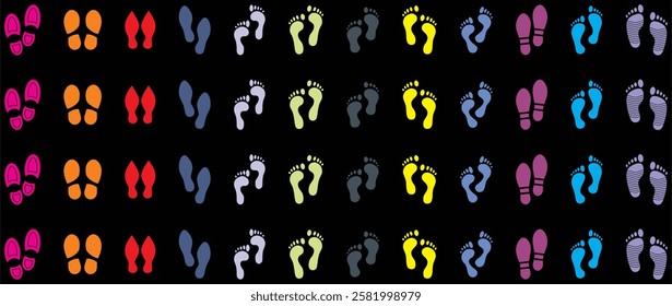 Human walking footprints shoes and shoe sole. Kids feet and foot steps Fun vector footsteps icon or sign for print