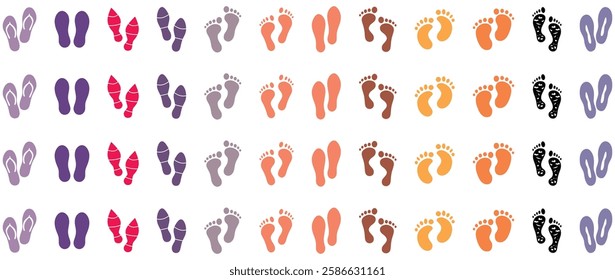 Human walking footprints shoes and shoe sole. Kids feet and foot steps Fun vector footsteps icon or sign for print