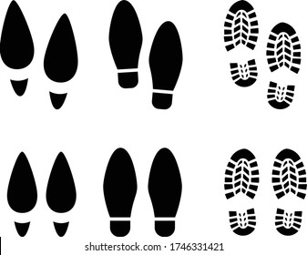 Human walking footprints sneaker shoes and shoe sole, woman's heels and foot steps vector footsteps icon or sign for print