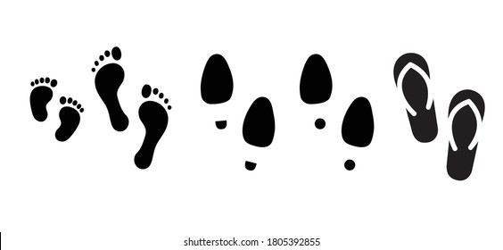 Human Walking People Footprints, Baby Feet, Bare Feet, Shoes, Slipper And Shoe Sole Signs. Vector Foot Step Silhouette Print Icons. Kids Feets Steps Footprint For Walk Person, Man Or Woman. 