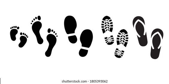 Humanidades para caminar, pies de bebé, pies desnudos, zapatos, zapatillas y carteles de lenguado de zapato. Iconos de impresión de silueta de pie del vector. Los niños se pasean por la huella para los que caminan, hombres o mujeres. 