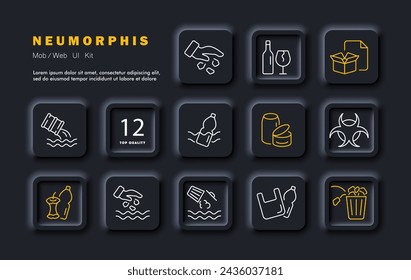 Human waste, garbage set icon. Plastic, cardboard, glass products, trash, throwing garbage anywhere, waste, bags and bottles. Environmental pollution concept. Neomorphism style. Vector line icon