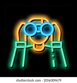 Human Watching Binocular neon light sign vector. Glowing bright icon Man Looking In Equipment For Watch Flying Bird, Ornithologist sign. transparent symbol illustration