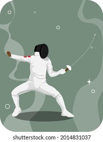 Human Wear Fencing Suit Practicing With Sword Against Green Background.
