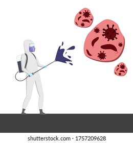 Human Wear Hazmat Suit Fight And Destroy Virus Bacteria Using Disinfectant Liquid Fogging With Fogging Machine In Cartoon Illustration Vector