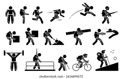 Human Wearing Futuristic Exoskeleton Body For Bionic Power Stick Figure Pictogram Icons. Vector Illustrations Of Man With Exoskeleton Suit For Strength, Military, Construction, Medical, And Sport.