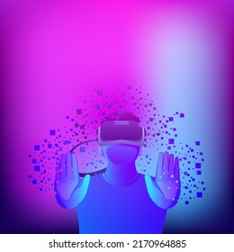 Human Wearing VR Box Against Abstract Magenta And Blue Background For Metaverse.